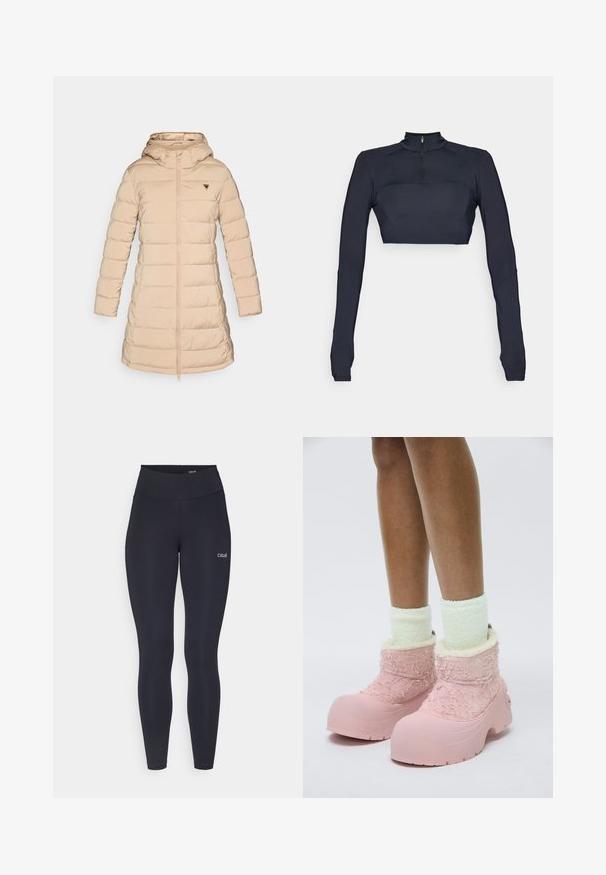 Puhdistuksellinen takki vaaleanbeigellä värillä ja hupulla. Varustettu ribbikireillä hihoilla, etuvetoketjulla ja kolmiomaisella logolla vasemmassa rinnassa. Sileä rakenne.; Navy sininen pitkähihaiset crop-top, jossa on korkea kaulus ja neljännesvetoketju, jossa on tekstuuriset olkapaneelit ja istuva siluetti.; Mustat leggingsit, joissa on korkea vyötärö, valmistettu joustavasta kankaasta, jossa on pieni valkoinen logo reidessä ja sileä pinta.; Vaaleanpunaiset kumisaappaat, joissa on teksturoitu pörröinen yläosa, pehmeä vuori ja paksu pohja. Yhdistetty vaaleanvihreiden pörröisten nilkkasukkien kanssa.