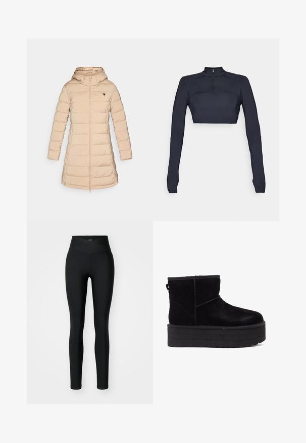Puhdistuksellinen takki vaaleanbeigellä värillä ja hupulla. Varustettu ribbikireillä hihoilla, etuvetoketjulla ja kolmiomaisella logolla vasemmassa rinnassa. Sileä rakenne.; Navy sininen pitkähihaiset crop-top, jossa on korkea kaulus ja neljännesvetoketju, jossa on tekstuuriset olkapaneelit ja istuva siluetti.; Musta legginsit, jotka on valmistettu joustavasta kankaasta, ja joissa on korkea, ristikkäinen vyötärö ja tiukka malli. Pinta on sileä ilman näkyviä kuvioita tai yksityiskohtia.; Musta mokkanahka nilkkaboots paksulla platform-pohjalla ja pehmeällä vuorilla. Viimeistelty ompeluaksenteilla ja takana olevan vetolenkin avulla helppoa pukemista varten.