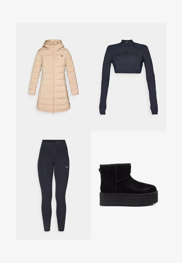 Kerged üleskutsetes helesinises toonis, millel on kapuuts. Omab soonikuid mansette, ees olevat lukku ja kolmnurkset logo vasakul rinnal. Sile tekstuur.; Tumedat sinise pika varrukaga lühike topp, millel on madal kaelus ja veerand zip, tekstureeritud õlavarre paneelide ja väljendunud siluettiga.; Mustad püksid kõrge vöökohtaga, valmistatud venivast kangast, millel on reie peal väike valge logo ja sile tekstuur.; Mustade seemisääreline nahast saapad paksu platvormi ja pehme voodriga. Kaunistatud õmbluste ja seljapoolse tõmbluku abil, mis muudab selga panemise lihtsaks.