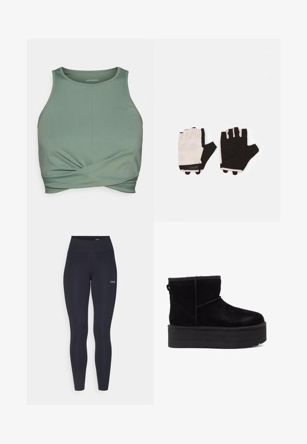 Casaco puffer em bege claro com capuz. Apresenta punhos canelados, fecho frontal de zíper e um logotipo triangular no lado esquerdo do peito. Textura suave.; Sutiã desportivo verde, feito de um tecido suave e elástico. Apresenta um design frontal torcido e o nome da marca "BORG" impresso de forma subtil na cor correspondente.; Leggings pretos com uma cintura alta, feitos de um tecido elástico, apresentando um pequeno logótipo branco na coxa e uma textura suave.; Botas de tornozelo em camurça preta com uma sola de plataforma grossa e forro macio. Acabadas com costuras decorativas e uma alça na parte de trás para facilitar o calçar.; Luvas de fitness com um design em rosa claro e preto, feitas de material respirável, apresentando uma tira ajustável para o pulso e detalhes de aderência texturizados.