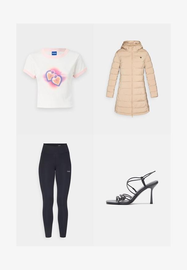 Pufferjack in licht beige met een capuchon. Voorzien van ribgebreide manchetten, een ritssluiting aan de voorkant en een driehoekig logo op de linkerborst. Soepele textuur.; Witte katoenen crop t-shirt met pastelroze accent. Voorzien van een grafische weergave van twee hartvormige hangsloten met een kleurrijke gradient achtergrond.; Zwarte leggings met een hoge tailleband, gemaakt van rekbaar stof, met een klein wit logo op de dij en een gladde textuur.; Zwarte hoge hakken sandaaltjes hebben dunne banden met een geknoopt ontwerp, een gladde vierkante neus en een elegante stiletto-hak.