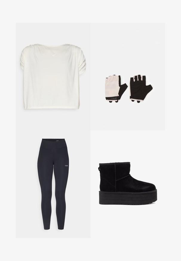 Giacca puffa di un beige chiaro con cappuccio. Presenta polsini a coste, chiusura frontale con zip e un logo triangolare sul lato sinistro del petto. Texture liscia.; Top corto a maniche corte in avorio con dettagli arricciati sulle spalle e scollatura tonda. Tessuto morbido e leggero con una leggera lucentezza. Logo posizionato sul retro.; Leggings neri con vita alta, realizzati in tessuto elasticizzato, con un piccolo logo bianco sulla coscia e una texture liscia.; Stivaletti alla caviglia in suede nero con una suola piatta robusta e un rivestimento morbido. Finiti con dettagli di cucitura e una linguetta posteriore per indossarli facilmente.; Guanti da fitness con un design rosa chiaro e nero, realizzati in materiale traspirante, dotati di un cinturino per il polso regolabile e dettagli con impugnatura testurizzata.
