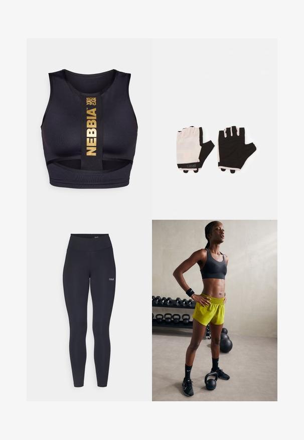 Kurtka puchowa w jasnym beżu z kapturem. Posiada ściągacze przy mankietach, zamek błyskawiczny z przodu oraz trójkątną naszywkę po lewej stronie klatki piersiowej. Gładka faktura.; Czarny sportowy stanik o dopasowanym kroju. Posiada złote logo i napis na centralnej taśmie. Wykonany z gładkiego, elastycznego materiału.; Czarne legginsy z wysokim stanem, wykonane z elastycznego materiału, z małym białym logo na udzie i gładką teksturą.; Czarny stanik sportowy, jasne żółte szorty z elastycznym pasem, czarne buty sportowe i opaski na nadgarstki, stojące obok kettlebelli.; Rękawice treningowe w jasnoróżowym i czarnym wzorze, wykonane z oddychającego materiału, z regulowanym paskiem na nadgarstek i teksturowanymi akcentami dla lepszego uchwytu.