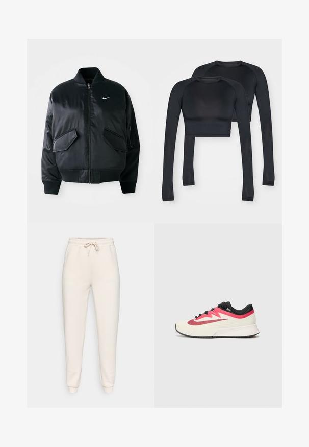 Black bomber jacket with a smooth satin finish, ribbed collar, and two front flap pockets. Features a small white logo on the chest.; Black cropped long-sleeve tops made from smooth, stretch fabric. Features a crew neckline and contrasting seams for added detail.; Light cream jogger pants made of soft fabric, featuring an elastic waistband with a drawstring, and tapered cuffs at the ankles.; Running shoe with a cream upper, red and black accents, and textured surface. Features black laces and a cushioned sole for comfort.