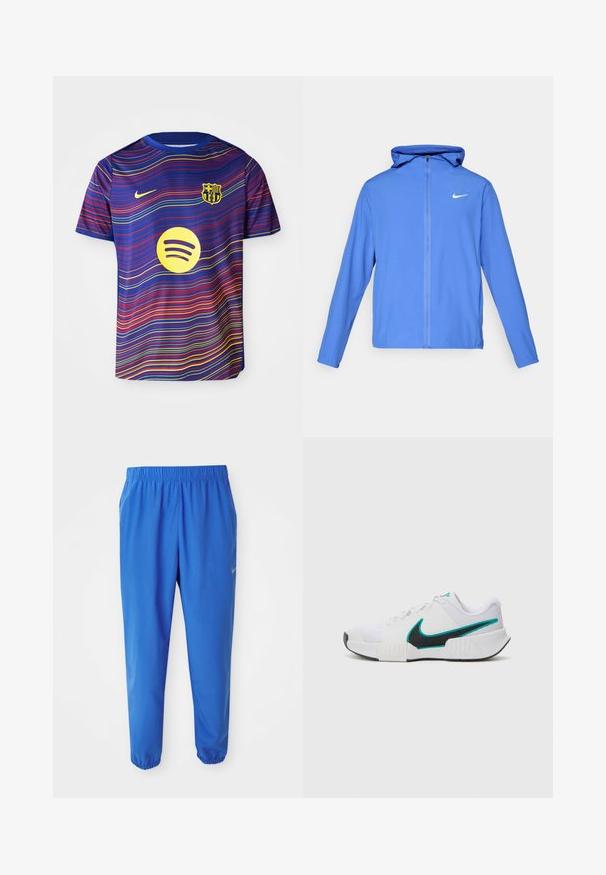 Blå sportjakke med hætte, lavet af letvægtsstof. Har et hvidt Nike-logo på venstre bryst og en hel frontlynlås.; Barcelona fodboldtrøje i blåt med røde og gule bølgemønstre. Har et Nike-logo og et gult Spotify-logo på forsiden.; Blå atletiske bukser med elastisk talje, lige ben-design og indsnævrede afslutninger. Har Nike-logo i guld på venstre side.; Hvid sportsko med tekstureret mesh-overdel, sort gummisål og teal Nike swoosh-accent. Har snørebånd og polstret krave.