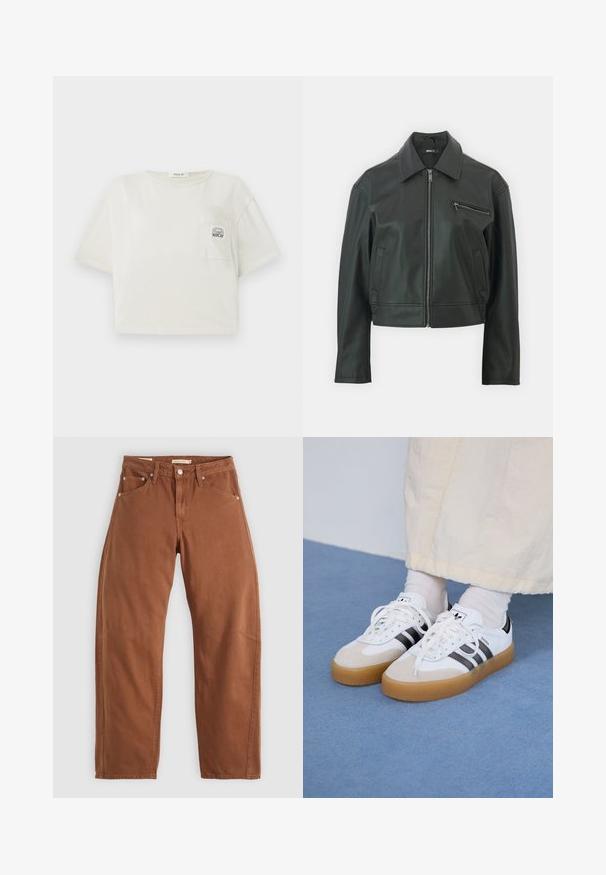 Cazaco de couro preto com gola, fecho frontal e um bolso lateral. Apresenta um design elegante e cropped, além de uma textura suave.; T-shirt corta, de mangas curtas, em algodão off-white. Apresenta um bolso frontal com um logotipo impresso e um decote redondo. Textura suave.; Calças de ganga retas em tom de ferrugem com bolsos frontais e traseiros, rebites metálicos, fecho de botão e passadores de cinto, dispostas em plano sobre um fundo branco.; Ténis brancos com riscas pretas e detalhes em camurça bege. Apresentam uma sola de borracha texturizada e atacadores brancos lisos, usados com meias de tom claro.