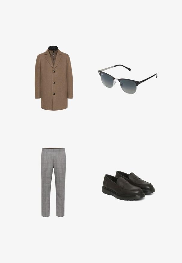 Matinique TRACE - Kort kappa / rock - walnut; Ljusblå långärmad skjorta med knappar och klassisk krage, rak fåll och subtil textur. Har en central knäppning.; Grå rutig byxor med rak bendesign, texturerad tyg, framfickor och bälteshällor. Modern passform med skräddarsydd passform.; Bruna läderskor utan snörning med en slät yta, vadderad krage och texturerad design. Har en svart gummisula med ett spårmönster.; Svarta och silverfärgade solglasögon med kattögaform, gradientlinser och metalliska detaljer på ramen. Plastbågar med gråa tippar.