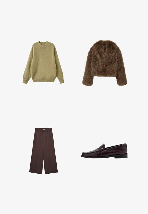 Giacca corta in finto pelo marrone con una texture morbida e soffice, dotata di colletto e maniche lunghe. Senza chiusure o decorazioni visibili.; Maglione lavorato a maglia in un colore oliva tenue, con scollatura arrotondata, spalle abbassate e polsini e orlo a costine per una maggiore texture.; Camicia a maniche lunghe di colore rosa chiaro con righe bianche verticali. Presenta un colletto a punta, bottoni frontali e un orlo arrotondato. Tessuto morbido.; Pantaloni ampi marroni realizzati in morbido tessuto, con pieghe in vita e tasche laterali. Silhouette sartoriale con una vestibilità comoda.; Mocassino da uomo in pelle marrone scuro con suola nera e dettaglio di cucitura lungo la punta, mostrato in profilo laterale.