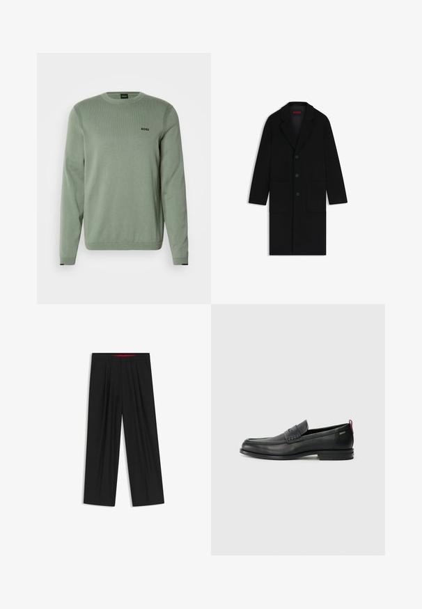 Zwarte wollen jas met een notch-kraag, drie knopen aan de voorkant, twee grote zakken en een lichte A-lijn silhouette.; Lichtgroene gebreide trui met lange mouwen, ronde hals, geribbelde accenten en zwart "BOSS" logo op de borst. Gladde textuur.; Zwarte wijde broek met een vlakke voorkant, twee zijzakken, geplooid ontwerp en een contrasterende rode binnenband.; Zwarte leren instappers met een textuur aan de voorkant en gladde zijden. Voorzien van een slanke hak en een lus aan de achterkant voor gemakkelijk aan- en uittrekken. Klassiek ontwerp.