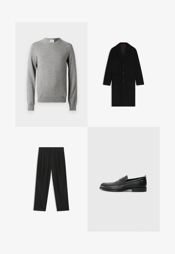 Cappotto di lana nero con colletto a punta, tre bottoni frontali, due tasche grandi e una leggera silhouette a linea A.; Maglione a maniche lunghe color grigio chiaro con colletto rotondo, dotato di polsini e orlo a coste, con un piccolo etichetta "From Future" all'interno del collo.; Pantaloni neri con un design plissè, forma a gamba larga e texture liscia. Presentano un'etichetta rossa in vita.; Mocassini in pelle nera con un pannello anteriore testurizzato e lati lisci. Presentano un tacco sottile e un anello sul retro per una vestibilità facile. Design classico.