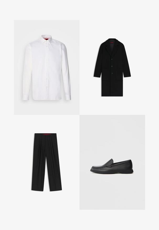 Abrigo de lana negro con cuello de muesca, tres botones frontales, dos grandes bolsillos y una ligera silueta en A.; Camisa blanca de manga larga hecha de algodón, con un collar clásico, placket frontal con botones y una textura suave. Detalle interior del collar en rojo.; Pantalones de pierna ancha negros con parte delantera plana, dos bolsillos laterales, diseño plisado y una cinturilla interior roja en contraste.; Mocasín negro de cuero, sin cordones, con parte superior texturizada, punta redondeada, tacón bajo y suela de goma, mostrado en perfil lateral sobre un fondo blanco.