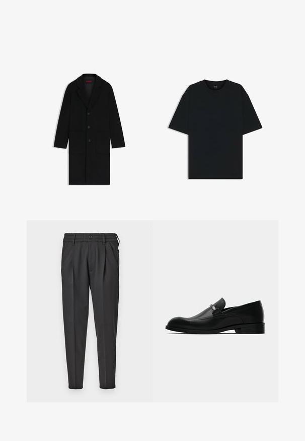 Black wool coat featuring a notched collar, three front buttons, two large pockets, and a slight A-line silhouette.; Black cotton t-shirt with a round neckline and short sleeves. Features a loose fit and a simple design without patterns or accents.; Black trousers made of smooth fabric, featuring a pleated front, elastic waistband, and straight legs with a tapered bottom.; Black leather men's loafer with a metal buckle detail, low heel, and branded sole, shown from the side on a white background.