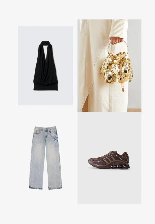 Svart faux läderjacka med rundad krage, frontdragkedja och två sidofickor med dragkedja. Slät yta, strukturerad design, inga synliga mönster.; Svart ärmlös topp i mjukt tyg, med en draperad design och halterneck. Sittande linning utan mönster eller metalldetaljer.; Ljust blå denimjeans med rak bendesign, med slitna detaljer, fem fickor och synliga sömmar.; Brun atletisk sko med överdel i mesh och syntetmaterial, med tre ränder, detaljerad sömnad, vadderad sula och karakteristisk fjädrande häl.; Gul paljettdragväska med ett cirkulärt handtag, featuring glänsande runda paljetter och en texturerad tyg. Måtten är inte angivna.