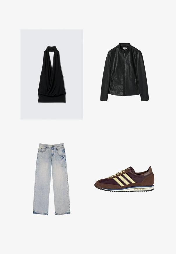 Schwarze Kunstlederjacke mit rundem Kragen, Frontreißverschluss und zwei seitlichen Reißverschlusstaschen. Glatte Textur, strukturierter Schnitt, keine sichtbaren Muster.; Schwarzes ärmelloses Top aus weichem Stoff, mit einem drapierten Design, Halterneck und enganliegendem Saum. Keine Muster oder Metallteile.; Helle blaue Jeans im Straight-Leg-Design mit abgetragenen Akzenten, fünf Taschen und sichtbaren Nähdetails.; Braune und burgunderfarbene Sneaker aus Wildleder und Mesh-Materialien, mit drei cremefarbenen Streifen, strukturiertem Stoff an der Zunge und einer Gummisohle.