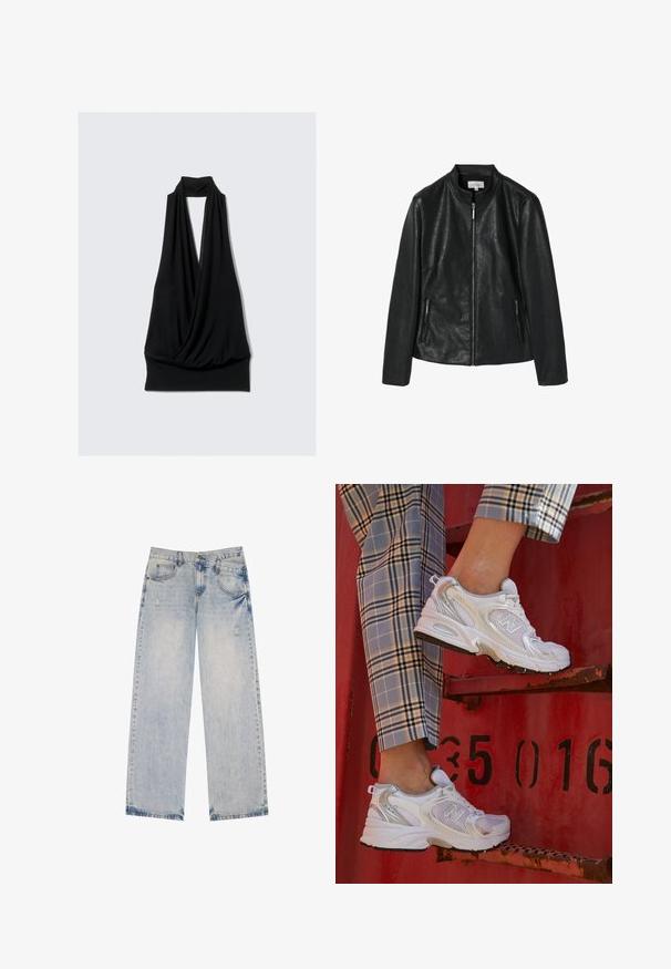 Veste en simili cuir noire avec un col arrondi, fermeture éclair à l'avant et deux poches zippées sur les côtés. Texture lisse, design structuré, sans motifs visibles.; Haut sans manches noir en tissu doux, avec un design drapé, un col halter et un ourlet ajusté. Pas de motifs ni de matériel.; Jean en denim bleu clair avec une coupe droite, présentant des accents distressed, cinq poches et des détails de couture visibles.; Baskets blanches en mesh avec des accents argentés et une semelle texturée, posées sur une surface rouge, assorties à un pantalon à carreaux.