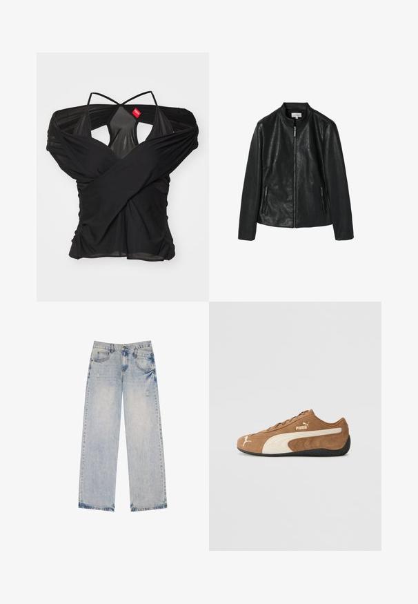 Veste en simili cuir noire avec un col arrondi, fermeture éclair à l'avant et deux poches zippées sur les côtés. Texture lisse, design structuré, sans motifs visibles.; 032c DRAPED SWAN EVENING - T-shirt imprimé - black; Jean en denim bleu clair avec une coupe droite, présentant des accents distressed, cinq poches et des détails de couture visibles.; Baskets basses en daim marron avec des accents crème, surface texturée, semelle en caoutchouc noir et logo brodé sur le côté et la languette.