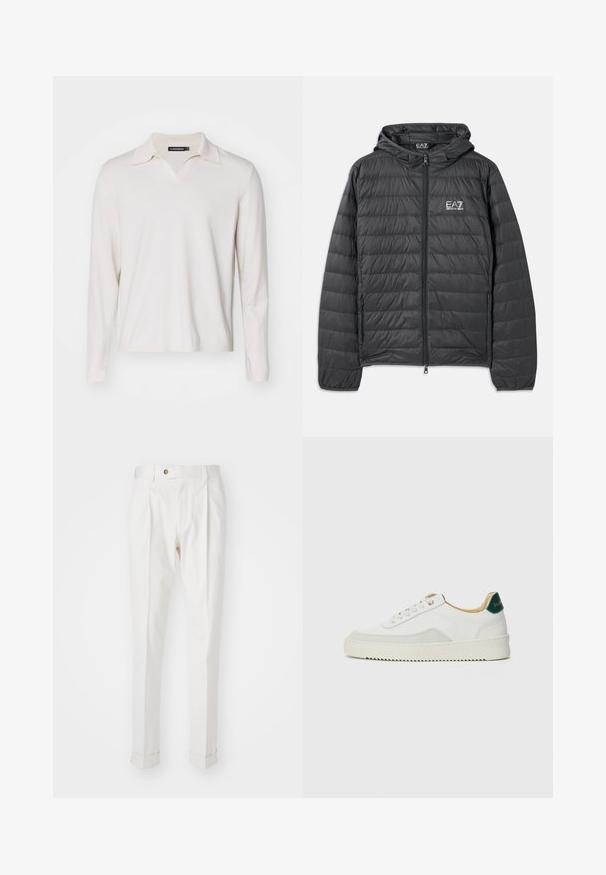 Svart dunjakke med hette, quiltet design, frontlukking med glidelås, og EA7-logo på venstre bryst. Lett og glatt tekstur.; Kremfarget langermet polo-skjorte med v-hals. Mykt stoff, ribbede ermer og hem detaljer. Enkel design uten mønstre eller aksenter.; Hvite, skreddersydde bukser med flat front, to legg, og oppbrett. Laget av et glatt stoff med knappelukking i livet.; Hvit sneakers med semsket detaljer, rund tå, flate snøringer og en kremfarget gummisåle. Har grønn merking på hælen.