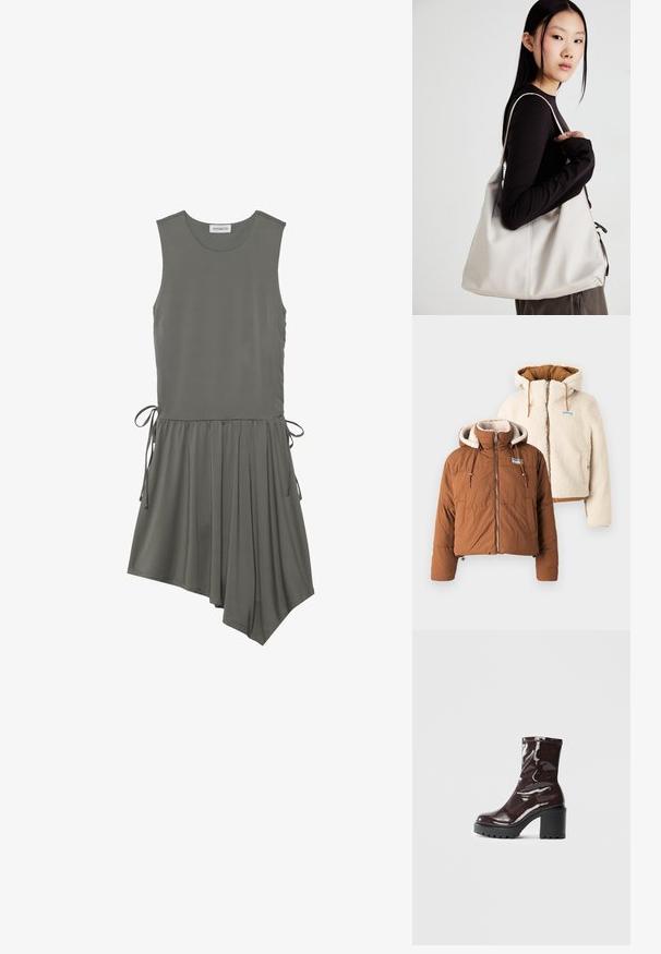 To jakker: en brun pufferjakke med høy krage og glidelås foran, og en kremfarget fluffy jakke med hette og elastisk kant.; Ermeløs kjole i olivengrønn stoff, med detaljer som knytning på siden, plisserte skjørt og asymmetrisk kant. Glatt tekstur, uformell design.; Glinsende burgunder ankelstøvel med en kraftig svart hæl, med en glatt tekstur og enkelt design. Ingen synlige lukkinger eller mønstre.; Beige håndveske laget av mykt materiale, med en slapp design, sydd detaljer og to skulderstropper. Passer for daglig bruk.