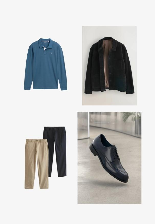 Fekete kordbársony dzseki gallérral, sima bélésű belső résszel és két elülső zsebbel. Az anyagnak függőleges bordázott textúrája van.; Hosszú ujjú, polo stílusú ing teal színű pamutból, fehér gallér aljjal, három gombbal és kis logóval a mellrészen.; Két pár egyenes lábú nadrág: az egyik bézs, a másik sötétkék. Mindkettő oldalsó zsebekkel és gombos záródással rendelkezik. Simaságú pamut anyag.; Fényes fekete bőrcipő fűzőkkel, lebeg egy sima, világosszürke padló felett, háttérben függő fémboltokkal.