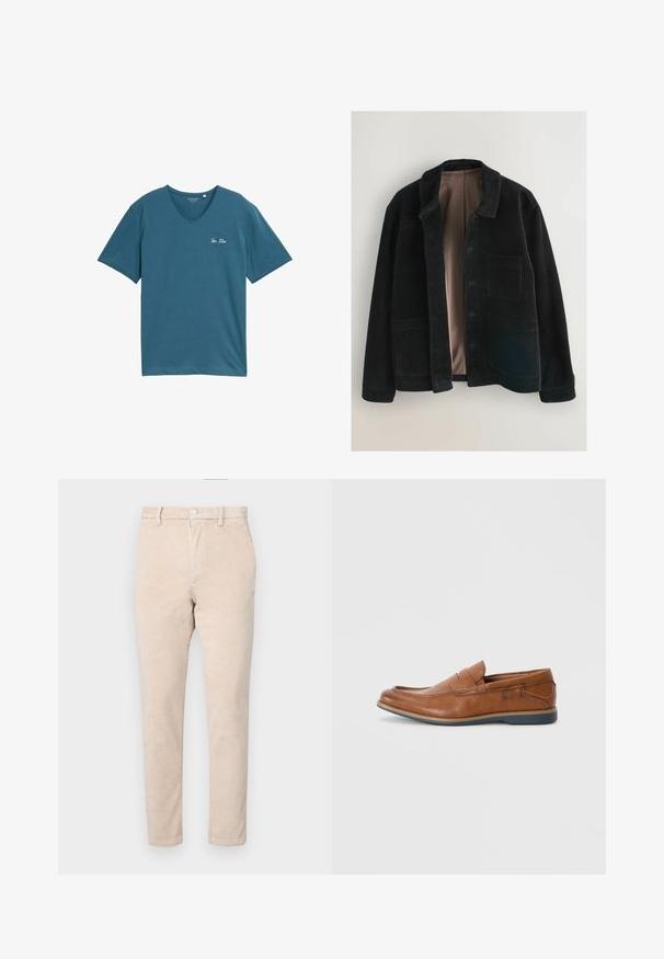 Chaqueta de pana negra con cuello, que presenta un forro interior suave y dos bolsillos frontales. La tela tiene una textura acanalada vertical.; Camiseta de cuello en V color verde azulado, hecha de algodón suave, con mangas cortas y un pequeño logotipo blanco en el lado izquierdo del pecho. Diseño simple y casual.; Pantalones de pana beige con diseño de pierna recta, que cuentan con cierre de botón, trabillas para cinturón y una sutil textura acanalada.; Mocasines de cuero marrón con puntera redonda, acentos cosidos y suela de goma baja. El diseño cuenta con una banda en la parte superior.