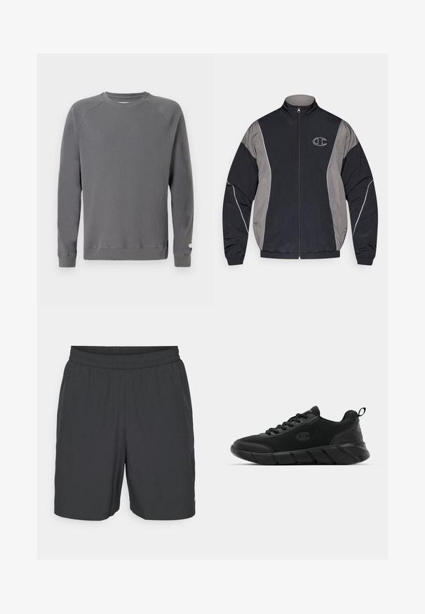 Fekete és szürke, cipzáros sportdzseki magas gallérral, rugalmas mandzsettákkal, fényvisszaverő díszítéssel és fehér keretes "C" logóval a bal mellen.; Szürke, textúrált, hosszú ujjú pulóver bordázott kialakítással, kerek nyakkivágással és finom logóval a hónalj területén.; Champion TRAINING SHORTS - Sport rövidnadrágok - black; Fekete sportcipők, hálós felsőrésszel, megerősített orrrésszel, texturált középtalppal és hátsó húzófüllel a könnyű felvétel érdekében. Logó a nyelv oldalán.