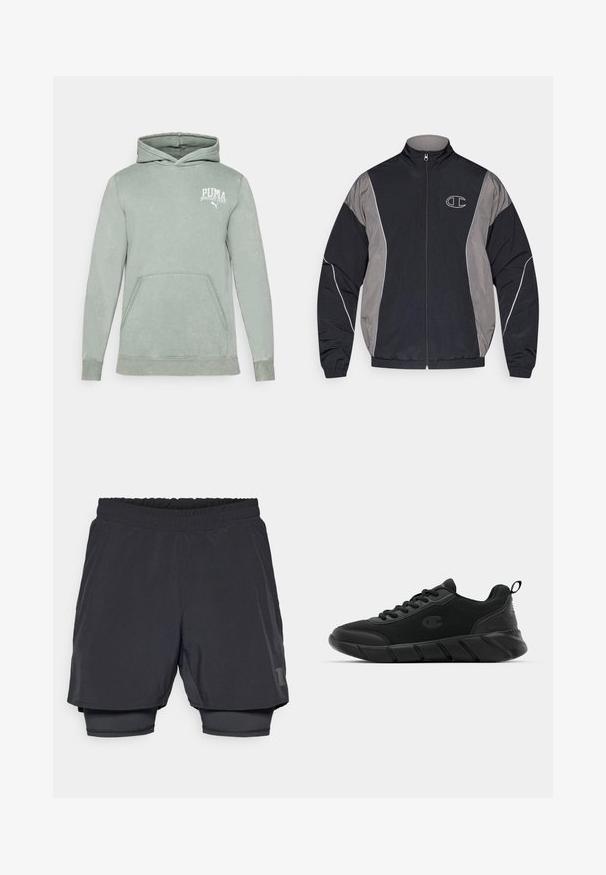 Black and gray zip-up sports jacket with high collar, elastic cuffs, reflective piping, and white outlined "C" logo on the left chest.; Light green hoodie made of soft fabric, featuring a kangaroo pocket, drawstring hood, and a white PUMA logo on the chest.; Black athletic shorts with an elastic waistband, layered design, and a fitted inner lining. Features a subtle logo on the lower side.; Black athletic sneakers featuring a mesh upper, reinforced toe, textured midsole, and rear pull tab for easy wear. Logo displayed on side.