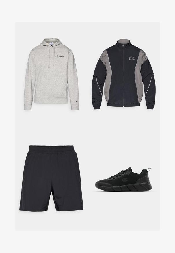 Crna i siva sportska jakna na zatvaranje s visokim ovratnikom, elastičnim manžetama, reflektirajućim trakama i bijelo obrubljenim "C" logotipom na lijevoj strani prsiju.; Sivi dukserica s kapuljačom, s vezicom, kengurskom džepom i izvezenim logotipom na prsima. Tkanina od pamučne mješavine s rebrastim manžetama i rubom.; Crne atletske kratke hlače s elastičnom tačkom za pojas i bočnim džepovima, dizajnirane za udobnost i aktivno nošenje.; Crne sportske tenisice s mrežastim gornjim dijelom, ojačanim prstom, teksturiranim međuslojem i stražnjim držačem za lakše obuvanje. Logo prikazan sa strane.