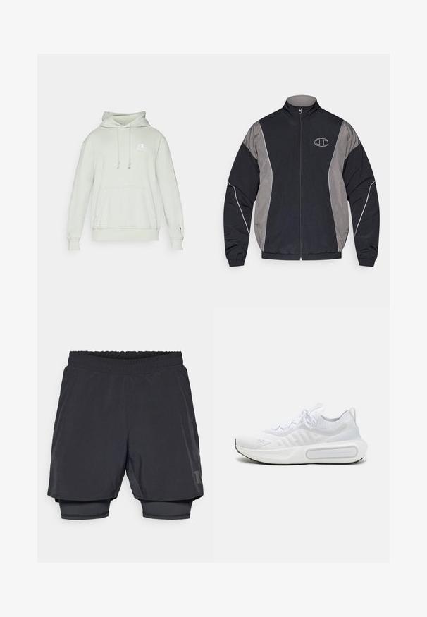 Černá a šedá sportovní bunda na zip s vysokým límcem, elastickými manžetami, reflexním lemováním a bílým konturovaným logem "C" na levé hrudi.; Světle zelená mikina s kapucí vyrobená z měkké tkaniny, která má stahovací kapuci, přední kapsu a vyšitý logo na hrudi. Hladké manžety a lem.; Černé sportovní šortky s elastickým pasem, vrstveným designem a přiléhavou vnitřní podšívkou. Obsahují decentní logo na spodní straně.; Bílé sportovní boty s texturovaným úpletem, šněrováním, polstrovanou podrážkou a výrazným logem na boku.