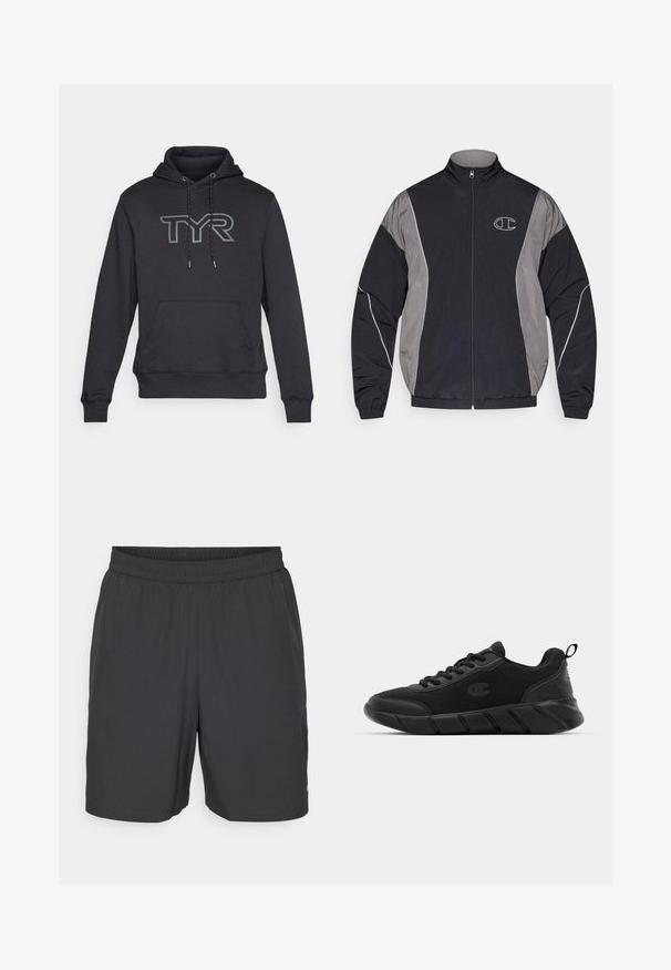 Svart og grå hettejakke med glidelås, høy krage, elastiske ermer, reflekterende detaljer og en hvit omrisset "C"-logo på venstre bryst.; Mørkegrå hettegenser med kengurulomme, snøring i hetten, og en stor "TYR"-logo i lys grå foran. Mykt stoff, ribbestrikkede mansjetter.; Champion TRAINING SHORTS - Sports shorts - black; Sorte svarte treningssko med mesh-overdel, forsterket tå, teksturert mellomsåle og bakre stroppe for enkel påkledning. Logo vist på siden.