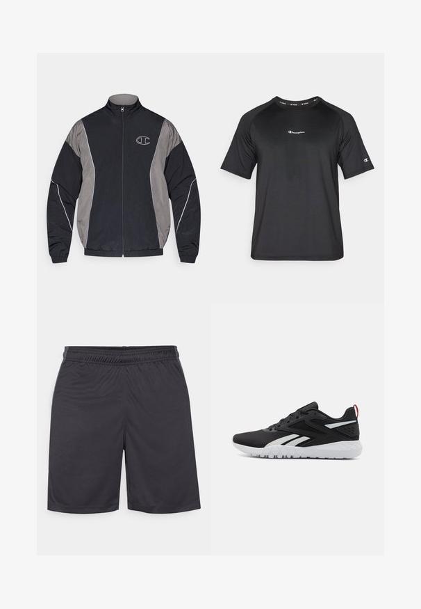 Chaqueta deportiva de cierre con cremallera en negro y gris, con cuello alto, puños elásticos, ribetes reflectantes y logo "C" en blanco en el lado izquierdo del pecho.; Champion LIGHT STRETCH - Camiseta deportiva - black; Pantalones cortos deportivos negros hechos de una tela suave y ligera. Cuentan con una cinturilla elástica y dobladillo cosido, sin bolsillos visibles ni patrones.; Zapatillas deportivas negras con parte superior de malla, acentos blancos, suela texturizada y una pestaña en el talón roja para un detalle adicional.