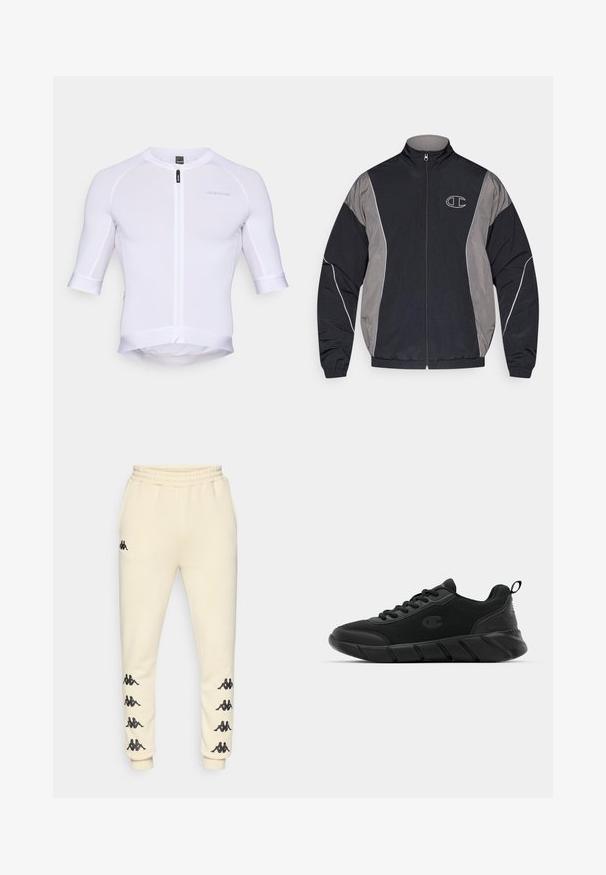 Juodas ir pilkas zip-up sportinis džemperis su aukštu apykakle, elastingomis rankogaliais, atspindinčiais dekoratyviniais siūlais ir baltu kontūruoto "C" logotipu kairiajame krūtinės šone.; Balta dviračių maikutė trumpomisRankovėmis su priekiniu užtrauktuku, pasižyminti prigludusia forma, lygia tekstūra ir subtiliais logotipais ant krūtinės.; Kreminės spalvos sportinės kelnės su juodais Kappa logotipais abiejuose šonuose ir elastinga juosta su raišteliu.; Juodos sportinės sneakers, turinčios tinklinį viršų, sustiprintą pirštą, tekstūruotą tarpinį padą ir galinį kilpelį patogiam užsidėjimui. Logo rodomas šone.