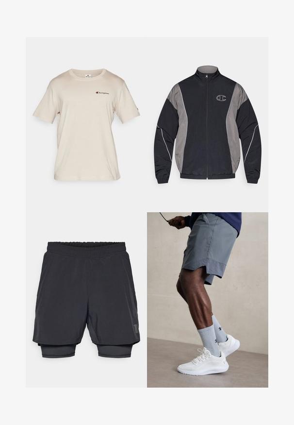 Schwarze und graue Sportjacke mit Reißverschluss, hohem Kragen, elastischen Bündchen, reflektierenden Paspeln und weiß umrandetem "C"-Logo auf der linken Brust.; Champion ICONS CREWNECK WITH SMALL LOGO - T-Shirt print - beige; Schwarze Sportshorts mit elastischem Bund, schichtweise Design und angepasster Innenauskleidung. Mit einem dezenten Logo an der unteren Seite.; Weiße Sportschuhe mit strukturiertem Mesh-Obermaterial, kombiniert mit hellblauen gerippten Socken mit einem Logo. Graue Sportshorts mit perforiertem Saum.