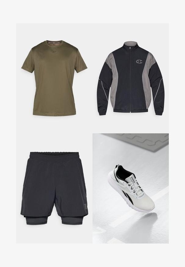 Giacca sportiva zip-up nera e grigia con colletto alto, polsini elastici, piping riflettenti e logo "C" bianco bordato sul lato sinistro del petto.; T-shirt a maniche corte color verde oliva realizzato in tessuto morbido. Presenta un colletto rotondo e un logo sottile sul petto, con un design semplice e lineare.; Shorts sportivi neri con cintura elastica, design a strati e foderatura interna aderente. Presentano un logo discreto sul lato inferiore.; Scarpa sportiva grigia chiara con dettagli neri, tomaia in rete testurizzata, suola imbottita e chiusura con lacci. Presenta un linguetta sul tallone.