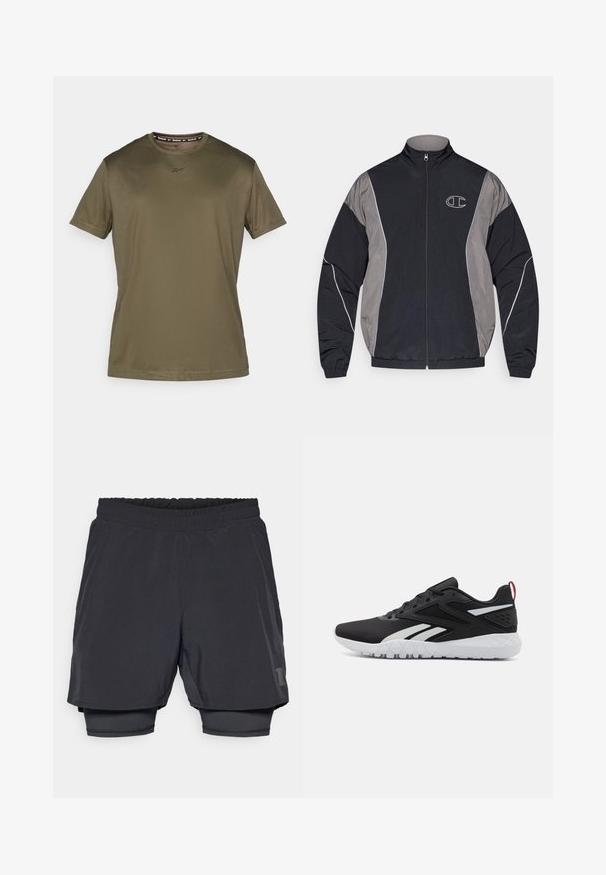 Chaqueta deportiva de cierre con cremallera en negro y gris, con cuello alto, puños elásticos, ribetes reflectantes y logo "C" en blanco en el lado izquierdo del pecho.; Camiseta de manga corta verde oliva hecha de tela suave. Presenta un cuello redondo y un logo sutil en el pecho, con un diseño simple y aerodinámico.; Pantalones cortos deportivos negros con una cintura elástica, diseño en capas y un forro interior ajustado. Presentan un logo sutil en el lado inferior.; Zapatillas deportivas negras con parte superior de malla, acentos blancos, suela texturizada y una pestaña en el talón roja para un detalle adicional.