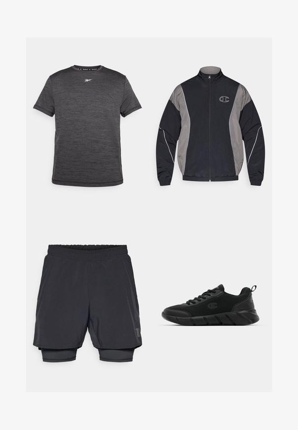 Musta ja harmaa vetoketjullinen urheilu takki korkealla kauluksella, elastiset hihansuut, heijastava koriste ja valkoisella ääriviivalla varustettu "C" logo vasemmassa rinnassa.; Tekninen urheilupaita tummanharmaana, jossa on lyhyet hihat, pyöreä kaula-aukko ja hillitty Reebok-logo edessä. Pehmeä pinta.; Mustat urheilusortsit, joissa on joustava vyötärö, kerroksellinen muotoilu ja tiukka sisävuori. Alhaalla on hillitty logo.; Musta urheilukenkä, jossa on verkkomateriaali yläosa, vahvistettu kärki, teksturoitu välipohja ja takana vetonauha helppoa pukemista varten. Logotypografia näkyy sivulla.