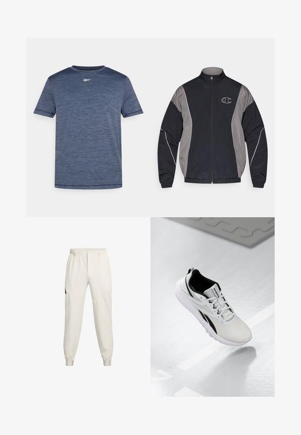 Črna in siva športna jakna na zadrgo z visokim ovratnikom, elastičnimi manšeti, odbojnim pasom in belim obrobljenim logotipom "C" na levi prsni strani.; T-maica s kratkimi rokavi v temno modri barvi z teksturiranim, meliranim dizajnom. Ima okroglo ovratnico in majhen logotip na prsih.; Lahki bež jogger hlače z elastičnim pasom, stranskimi žepi in rebrastimi manšetami; imajo črn logotip na levi boki.; Svetlo sivi atletski čevljek z črnimi poudarki, teksturirano mrežasto zgornje posodje, oblazinjen podplat in vezalni sistem. Ima zanko za poteg na peti.
