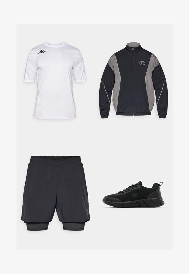 Schwarze und graue Sportjacke mit Reißverschluss, hohem Kragen, elastischen Bündchen, reflektierenden Paspeln und weiß umrandetem "C"-Logo auf der linken Brust.; Weißes Sporthemd mit kurzen Ärmeln, Rundhalsausschnitt und schwarzem Kappa-Logo auf der rechten Schulter.; Schwarze Sportshorts mit elastischem Bund, schichtweise Design und angepasster Innenauskleidung. Mit einem dezenten Logo an der unteren Seite.; Schwarze Sport Sneakers mit einem Obermaterial aus Mesh, verstärkter Zehenkappe, strukturiertem Mittelsohle und einem Zuglasche an der Hinterseite für einfaches Anziehen. Logo an der Seite angebracht.