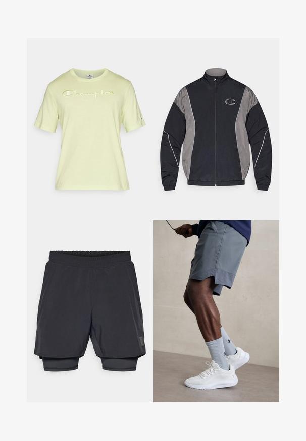 Fekete és szürke, cipzáros sportdzseki magas gallérral, rugalmas mandzsettákkal, fényvisszaverő díszítéssel és fehér keretes "C" logóval a bal mellen.; Lime zöld, rövidujjú póló, a mellkason reflektáló fehér "Champion" logóval. Puha anyagból készült, kerek nyakú fazon.; Fekete sportnadrág elasztikus derékkal, réteges kialakítással és illeszkedő bélésrésszel. A alsó oldalon diszkrét logó található.; Fehér sportcipők, amelyek texturált hálós felsőrésszel rendelkeznek, világoskék bordázott zoknival, amely logót visel. Szürke sportshortok perforált díszítéssel.
