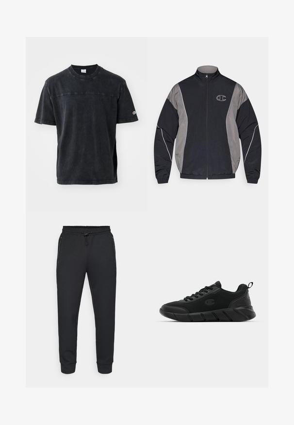 Sort og grå lynlås sportsjakke med høj krave, elastiske manchetter, reflekterende piping og hvidt omrids af "C" logo på venstre bryst.; Sort kortærmet t-shirt lavet af bomuld, med rund hals, diskret logo detalje på brystet og kontraststing langs skuldrene.; Sorte atletiske joggers med elastisk talje med snøre, sidelommer med lynlås og ribbede manchetter. Fremstillet af et blødt, struktureret stof.; Sort atletiske sneakers med en mesh-overdel, forstærket tå, struktureret mellemsål og bageste trækhåndtag for nem påføring. Logo vist på siden.