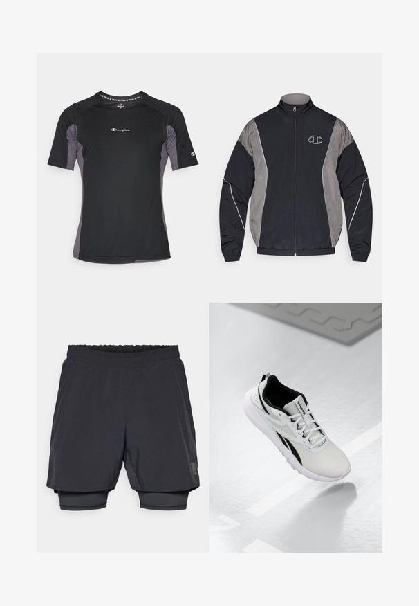 Musta ja harmaa vetoketjullinen urheilu takki korkealla kauluksella, elastiset hihansuut, heijastava koriste ja valkoisella ääriviivalla varustettu "C" logo vasemmassa rinnassa.; Lyhythihainen urheilupaita mustana harmailla yksityiskohdilla. sisältää hengittävän kankaan, pyöreän kaula-aukon ja pienen logon rintamuksessa.; Mustat urheilusortsit, joissa on joustava vyötärö, kerroksellinen muotoilu ja tiukka sisävuori. Alhaalla on hillitty logo.; Vaaleanharmaat urheilukengät, joissa on mustia yksityiskohtia, teksturoitu verkko-osa, pehmustettu pohja ja nauhakiinnitys. Varressa on vetoavain.
