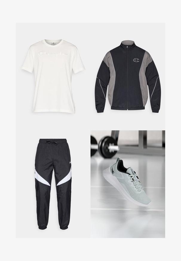 Veste de sport zippée noir et gris avec col montant, poignets élastiques, passepoil réfléchissant et logo "C" en contour blanc sur la poitrine gauche.; T-shirt en coton blanc à manches courtes, avec un logo "Champion" en relief sur la poitrine, col rond et ourlet droit.; Pantalons de sport noirs en tissu texturé avec une taille à cordon de serrage, dotés d'accents diagonaux blancs sur les côtés et de poignets élastiques.; Baskets de sport gris clair avec dessus en maille, accents noirs et semelle blanche. Présente un motif texturé et un système de laçage.