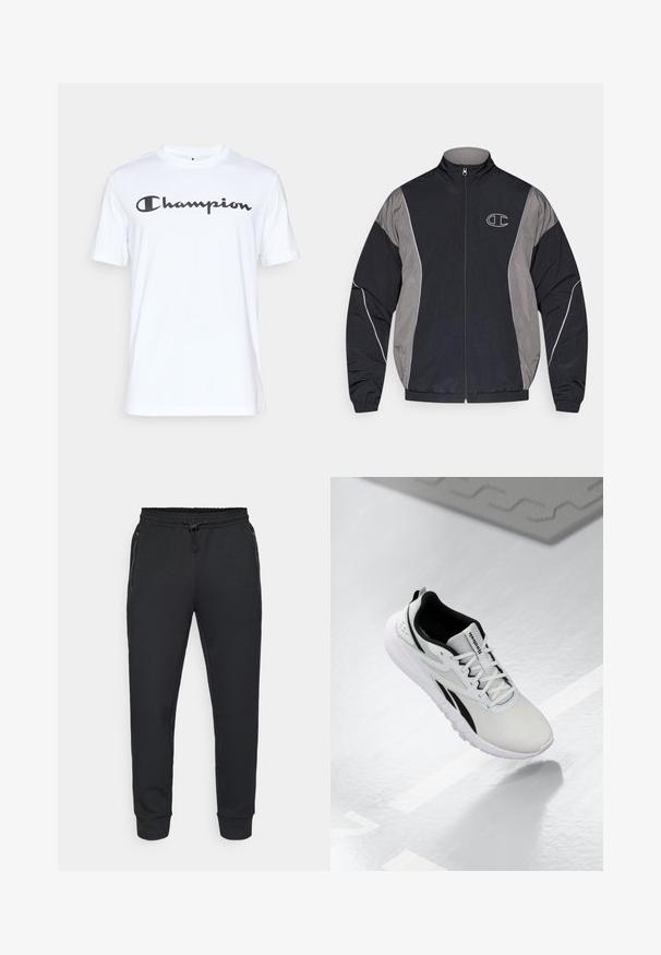 Zwart en grijze sportjack met ritssluiting, hoge kraag, elastische manchetten, reflecterende piping en een wit omrand logo "C" op de linkerborst.; Witte katoenen T-shirt met korte mouwen, voorzien van een zwart cursief 'Champion' logo over de borst. Ronde halslijn en een ontspannen pasvorm.; Zwarte sportieve joggers met een elastische tailleband met trekkoord, zijzakken met rits en geribbelde boorden. Gemaakt van een zachte, gestructureerde stof.; Lichtgrijze sportschoen met zwarte accenten, textuurmelange bovenwerk, gevoerde zool en vetersluiting. Voorzien van een treklus op de hiel.