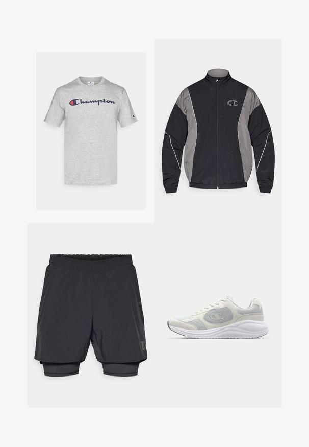 Casaco desportivo com fecho éclair em preto e cinza, com gola alta, punhos elásticos, bainha refletora e logotipo branco contornado com "C" no lado esquerdo do peito.; T-shirt de algodão cinza claro com um logotipo "Champion" em azul-marinho no peito e um logotipo pequeno na manga. Design clássico de gola redonda.; Calções atléticos pretos com um cós elástico, design em camadas e um forro interior ajustado. Apresenta um logótipo discreto na parte inferior.; Shoe atlético branco com acentos cinza claro, materiais de malha e camurça, bico arredondado, sola texturizada e logotipo de marca visível na lateral.