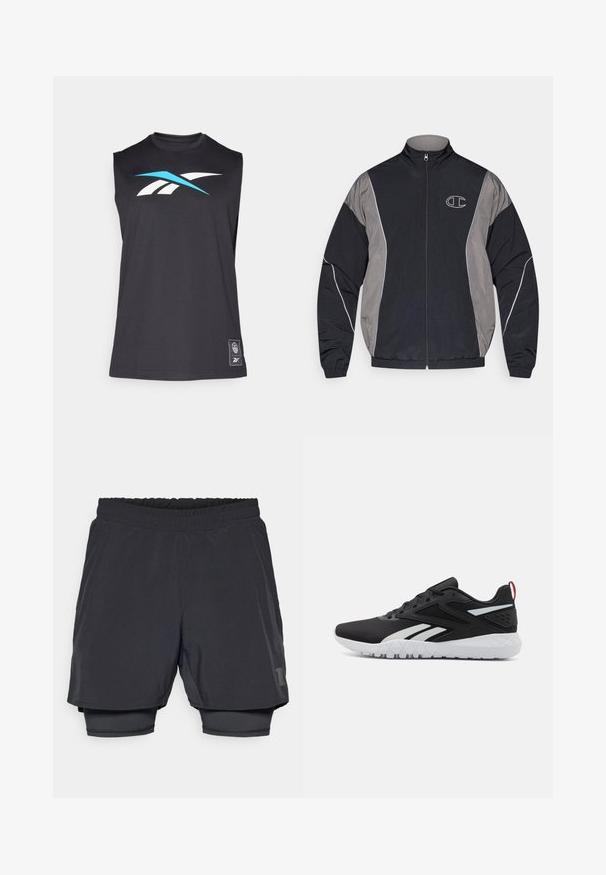 Casaco desportivo com fecho éclair em preto e cinza, com gola alta, punhos elásticos, bainha refletora e logotipo branco contornado com "C" no lado esquerdo do peito.; Camisola de atletismo sem mangas, preta, feita de tecido suave, com um design de logótipo azul e branco na parte frontal e uma pequena etiqueta na bainha inferior.; Calções atléticos pretos com um cós elástico, design em camadas e um forro interior ajustado. Apresenta um logótipo discreto na parte inferior.; Roupas de atletismo pretas com um acabamento em rede, detalhes em branco, sola texturizada e uma aba no calcanhar vermelha para um toque adicional.