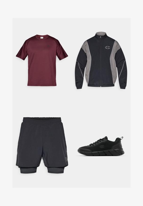 Giacca sportiva zip-up nera e grigia con colletto alto, polsini elastici, piping riflettenti e logo "C" bianco bordato sul lato sinistro del petto.; T-shirt sportivo bordeaux con maniche corte, scollatura rotonda e un piccolo logo nero sul petto. Realizzato in materiale liscio e leggero.; Shorts sportivi neri con cintura elastica, design a strati e foderatura interna aderente. Presentano un logo discreto sul lato inferiore.; Sneakers atletici neri con tomaia in rete, punta rinforzata, suola intermedia testurizzata e linguetta posteriore per una facile calzata. Logo visibile sul lato.