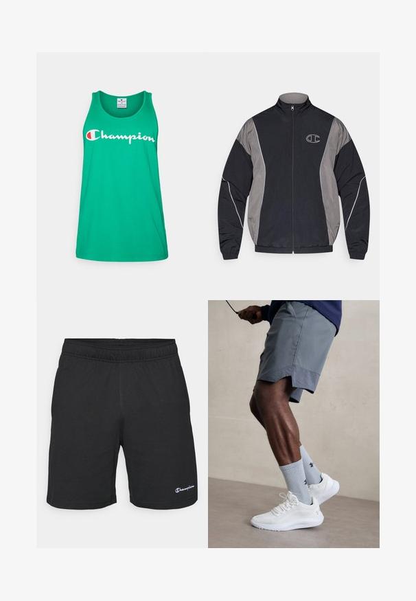 Giacca sportiva zip-up nera e grigia con colletto alto, polsini elastici, piping riflettenti e logo "C" bianco bordato sul lato sinistro del petto.; Canotta verde in cotone con logo "Champion" bianco e accentuato di rosso. Collo arrotondato, design senza maniche e bordi orlati.; Pantaloni sportivi neri con vita elastica, realizzati in un tessuto morbido, con un piccolo logo bianco sul lato sinistro in basso.; Scarpe da ginnastica bianche con tomaia in mesh testurizzato, abbinate a calzini a coste blu chiaro con un logo. Pantaloni sportivi grigi con bordi perforati.