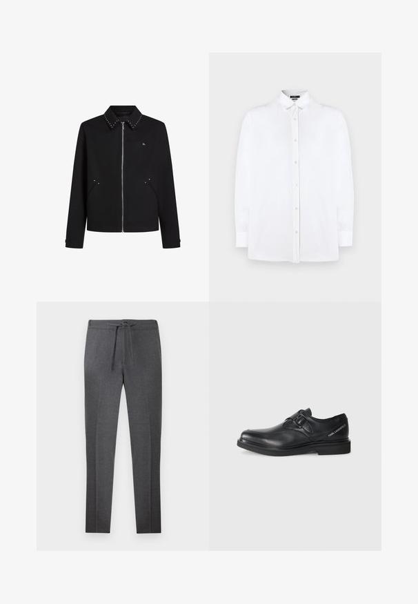 Crna jakna sa zatvaranjem na patentni zatvarač, okovratnikom s zakovicama, bočnim džepovima i malim logom na prsima. Dizajnirana s ravnim porubom i dugim rukavima.; Bijela košulja dugih rukava s gumbima, klasičnog ovratnika, ravnog kroja i suptilnom teksturom, s prednje strane ukrašena bisernim gumbima.; Tamno sivi tapered hlače s elastičnim pojasom i vezicom, s blagim naborima duž prednje strane.; Crne kožne cipele s okruglim vrhom, detaljem s jednom kopčom i ravnim gumennim đonom. Ima oznaku branda sa strane blizu pete.
