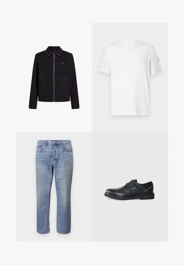 Juoda striukė su užtrauktuku, metalinėmis detalėmis apykaklėje, šoninėmis kišenėmis ir mažu logotipu ant krūtinės. Sukurta su tiesiu apvadu ir ilgomis rankovėmis.; Balta medvilnė marškinėliai su trumpomis rankovėmis ir apvaliu iškirpimu. Ant kairės rankovės yra mažas juodas logotipas. Švelni tekstūra, standartinis pritaikymas.; Šviesiai mėlynos džinsinės kelnės su tiesiu kirpimu, penkių kišenių dizainu, matoma siuvinėjimu ir mygtukiniu uždarymu liemens srityje.; Juodos odinės bateliai su apvaliu pirštu, vieno sagties detalė ir plokščiu guminio pado. Ant šono šalia kulno yra ženklinimas.