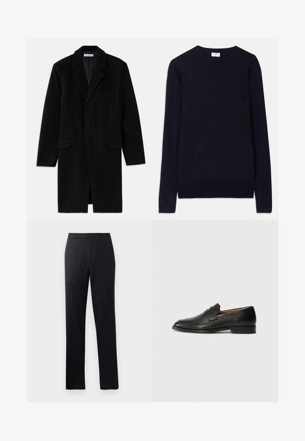 Mustame villane mantel, millel on nurgelised klapid, struktureeritud disain, kaks eesmist taskut ja ühe nööbi kinnitamine. Sile tekstuur ja kohandatud sobivus.; Tumedat sinise värvi ümmarguse kaelusega kootud sviiter, mis on valmistatud pehmest kangast ja millel on pikad varrukad ning soonikuga detailid krae ja äärte ümber. Puhtad ja minimalistlikud jooned.; Mustad püksid sirge lõikega, sileda tekstuuri ja tasase vöökohaga, sobivad formaalseks või igapäevaseks kandmiseks.; Must musta loafers ümarate varvastega, peene tikandiga ja madala kontsaga, millel on sile tekstuur ja minimalistlik disain.