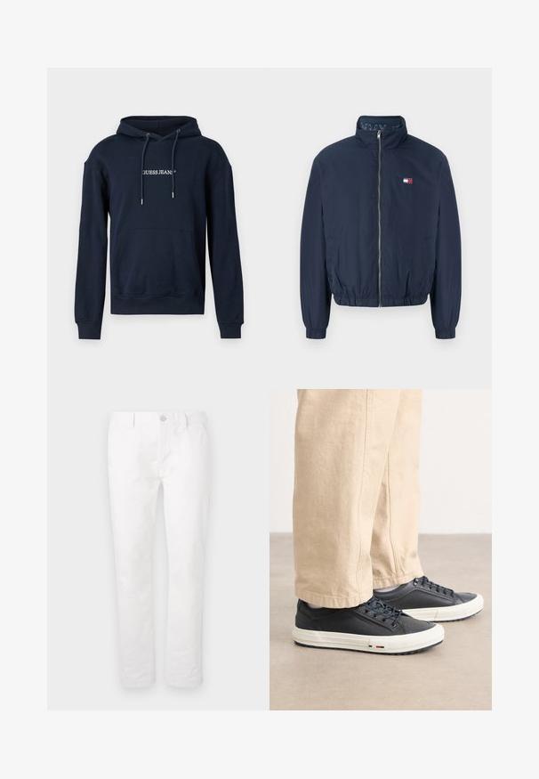 Casaco bombazina azul marinho com colarinho alto, punhos e cós elásticos. Apresenta um fecho de correr e um pequeno logótipo na zona do peito.; Sweatshirt azul marinho feito de mistura de algodão, com bolso tipo canguru, capuz com cordão e logotipo "GUESS JEANS" em branco no peito.; Calças de algodão brancas com um design de perna reta, apresentando um fecho por botão, passantes para cinto e sem padrões ou acentos visíveis.; Sapatilhas azul-escuro com um cabedal de couro liso, sola de borracha branca e atacadores detalhados. Combinadas com umas calças bege de corte solto.